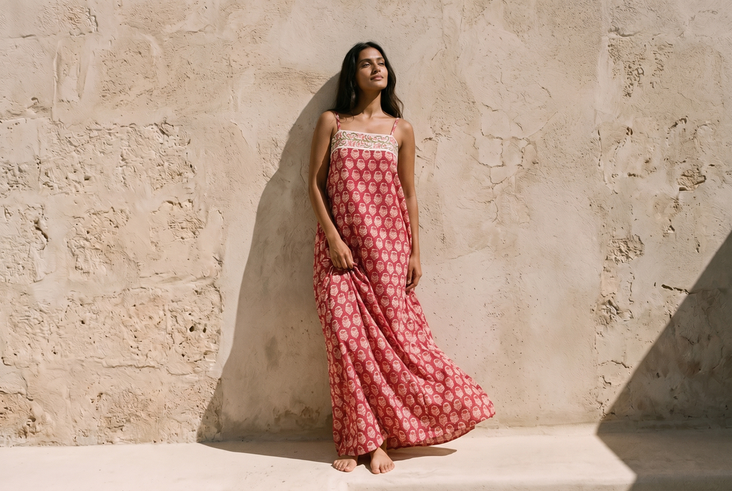 Mira - Handblock Printed Cotton Dress - Long